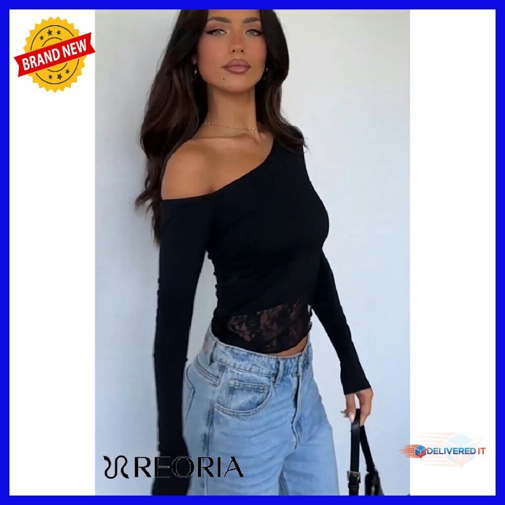 Long Sleeve Crop Top Double Lined Lace Off Shoulder Y2k Trendy - Picture 8 of 8